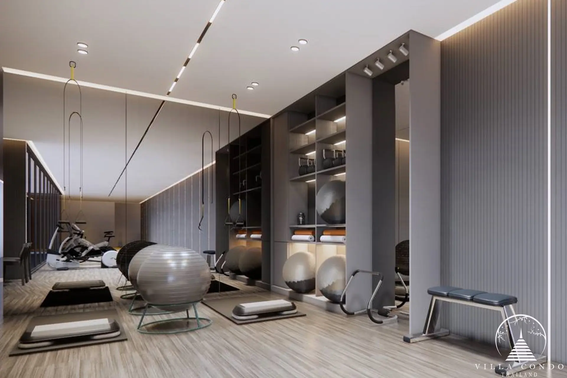 The expansive fitness area in Enigma Residence with state-of-the-art equipment.