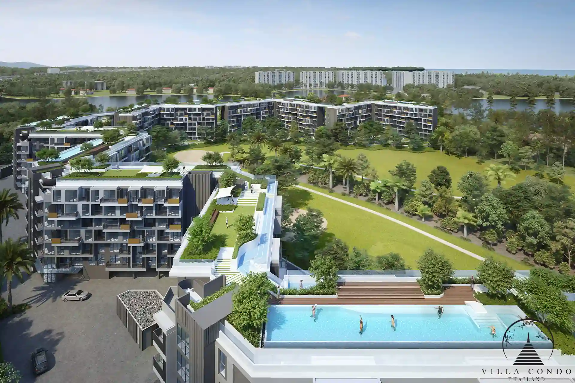 Common pool area at Laguna Skypark with lush landscaping