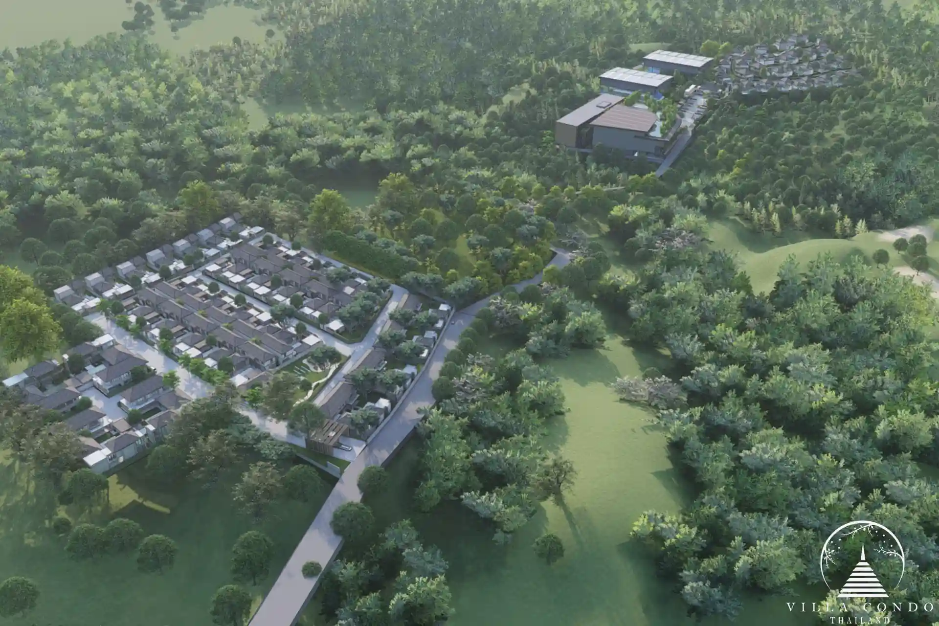 Bird’s eye view of QAV Residence, showing the overall layout and surrounding landscape.