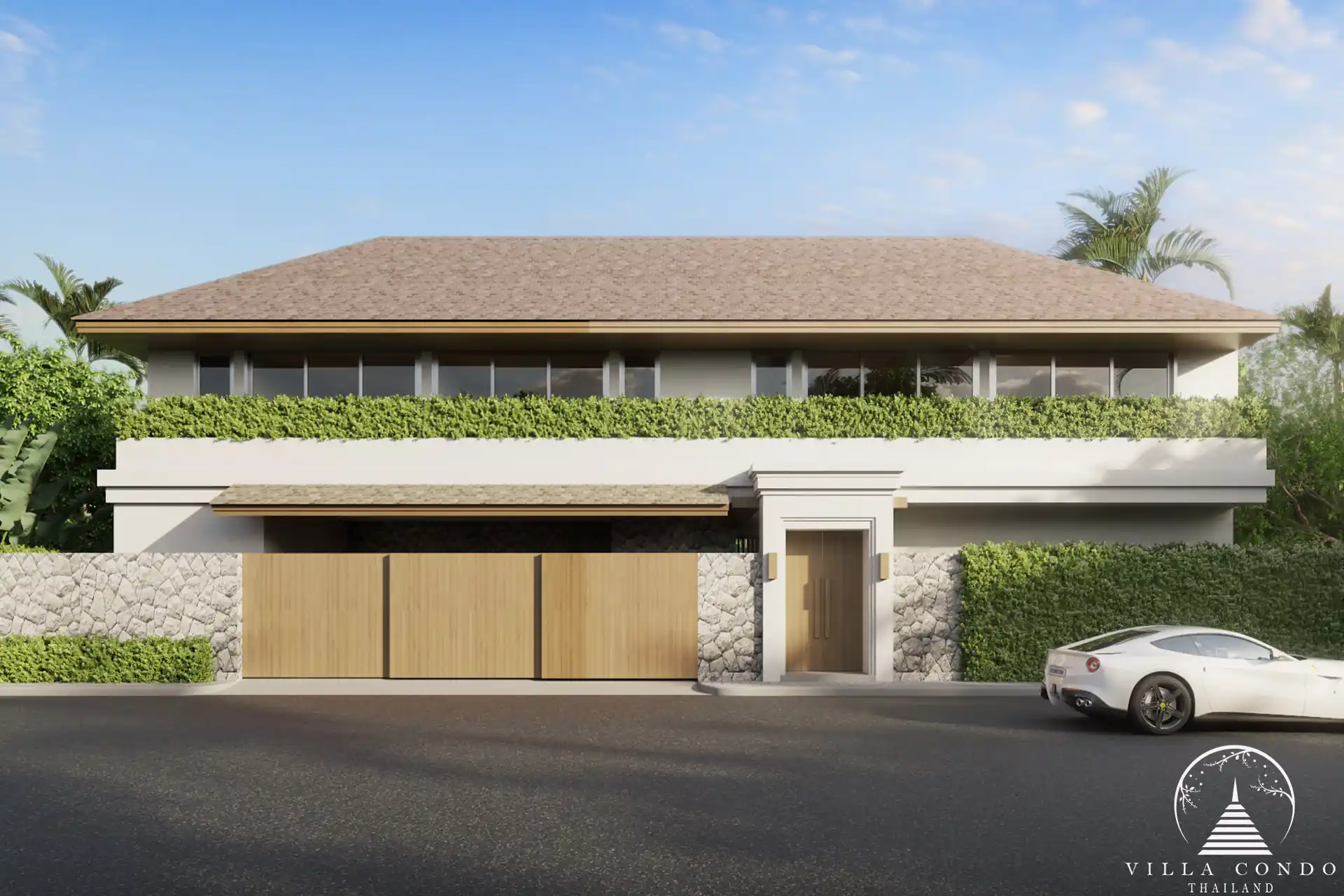 Exterior view of QAV Residence, featuring modern Balinese-style architecture.