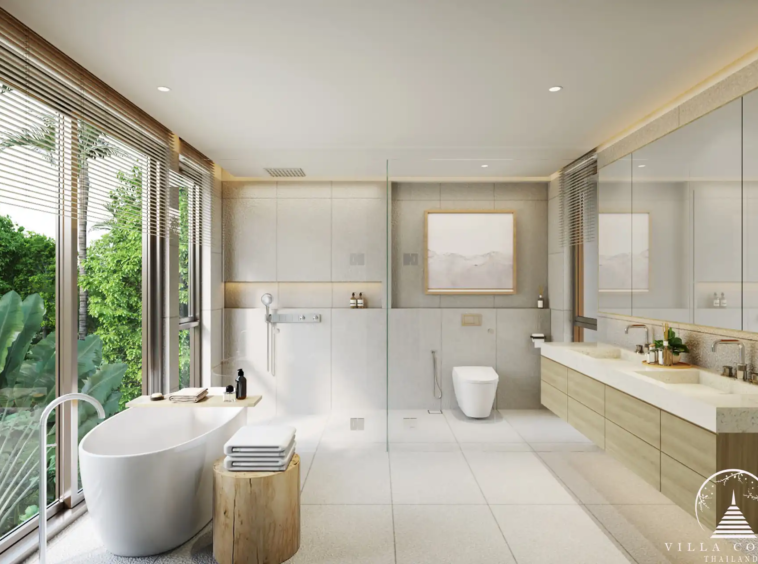 The elegant master bathroom in a QAV Residence villa with modern fixtures.