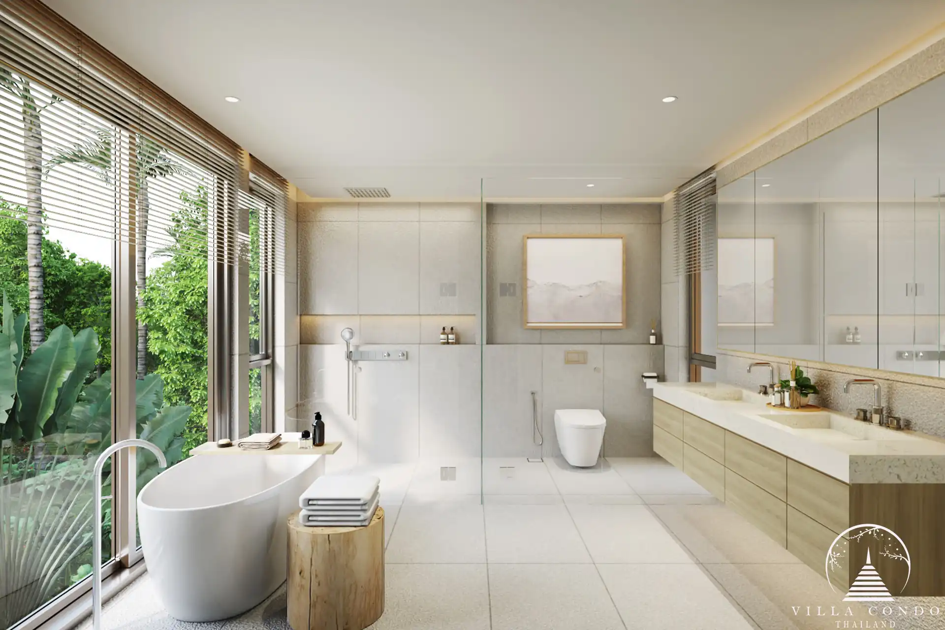 The elegant master bathroom in a QAV Residence villa with modern fixtures.