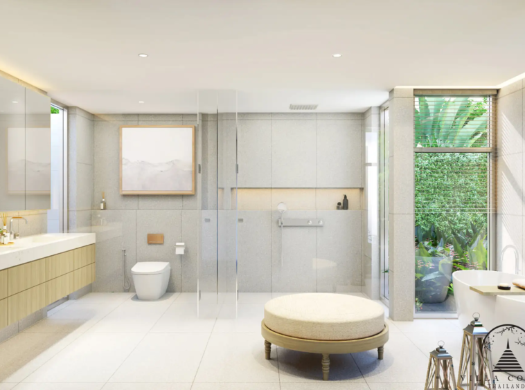 The elegant master bathroom in a QAV Residence villa with modern fixtures.