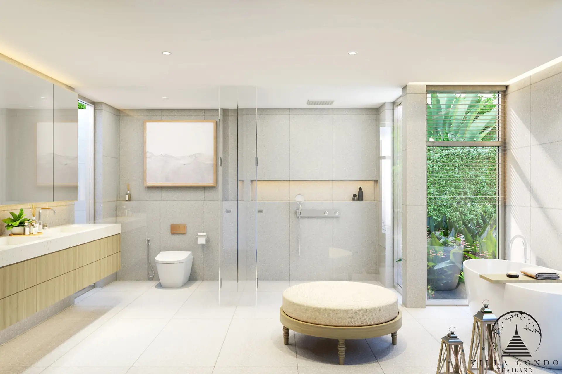 The elegant master bathroom in a QAV Residence villa with modern fixtures.