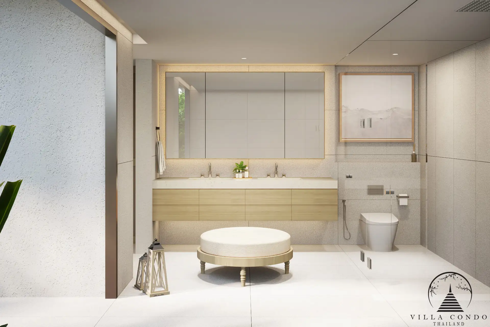 The elegant master bathroom in a QAV Residence villa with modern fixtures.