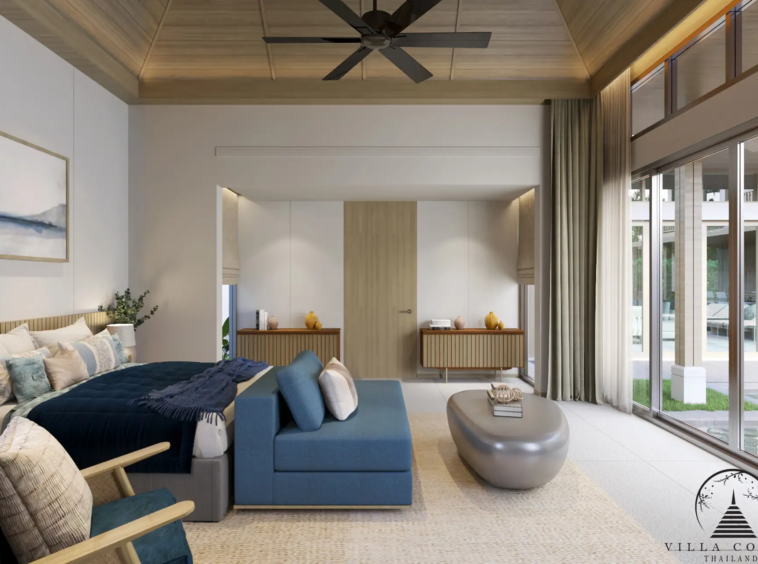 The master bedroom in a QAV Residence villa with a view of the garden.
