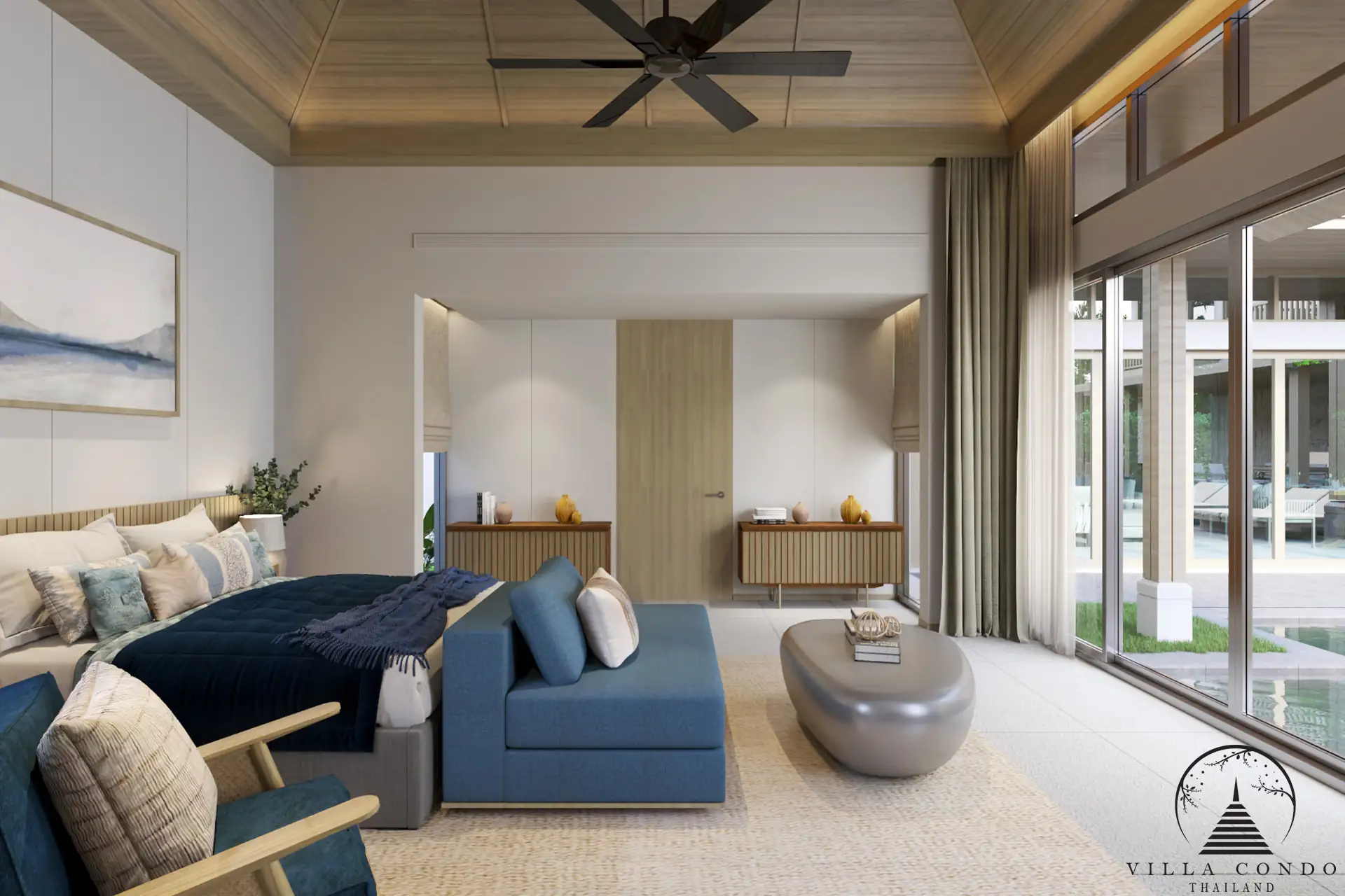 The master bedroom in a QAV Residence villa with a view of the garden.
