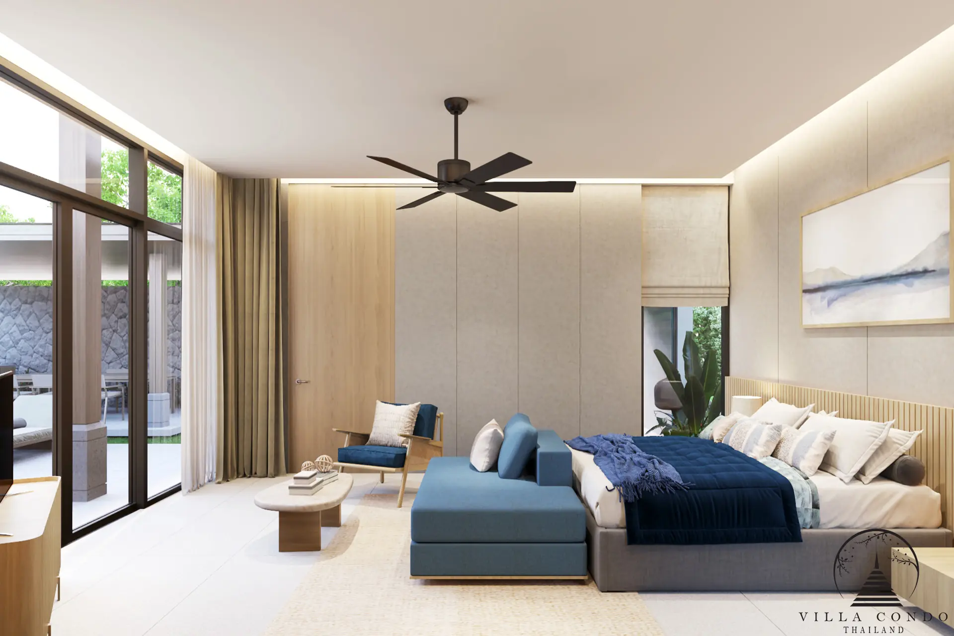 The master bedroom in a QAV Residence villa with a view of the garden.