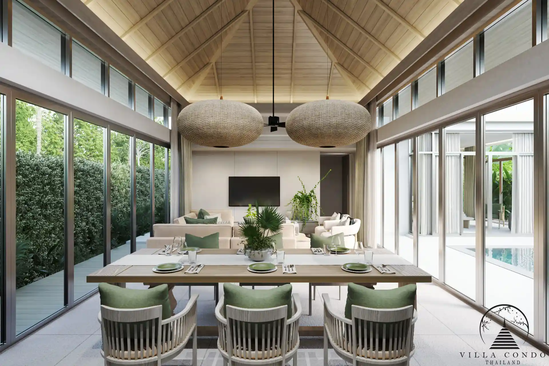 The elegant dining area in a QAV Residence villa with modern decor.