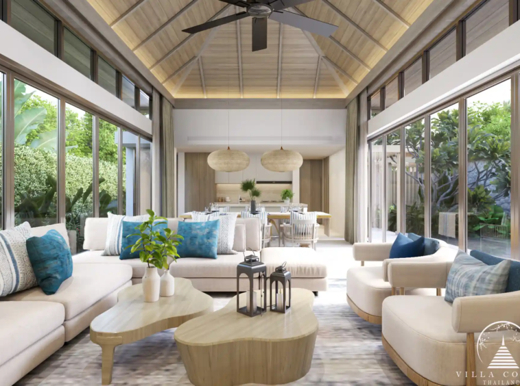 The spacious living area in a QAV Residence villa with panoramic windows.