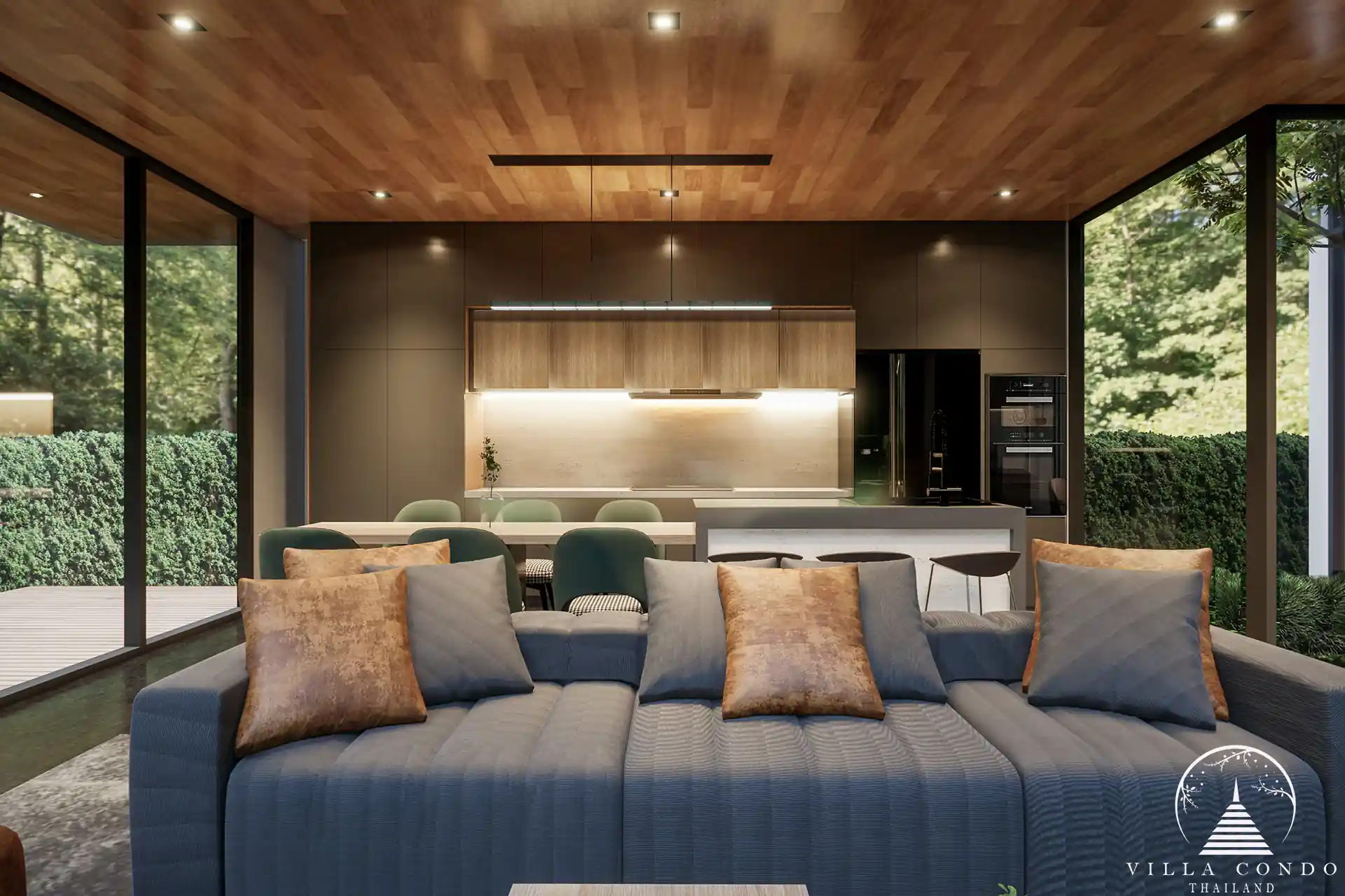 Rainpalm Villas Interior Spacious and elegantly designed living room with wooden tones.