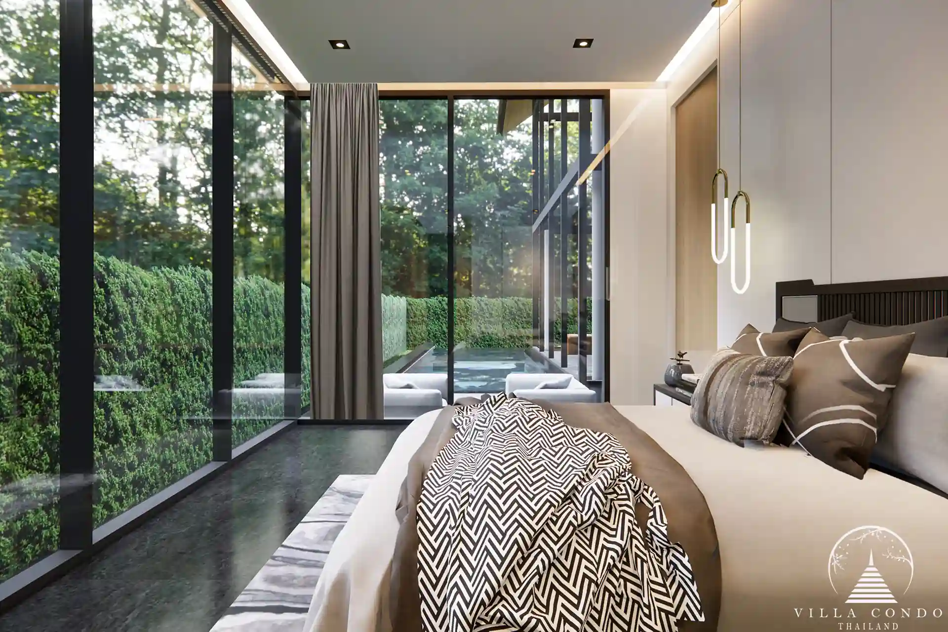 Rainpalm Villas Bedroom Luxurious bedroom with large windows and garden view.