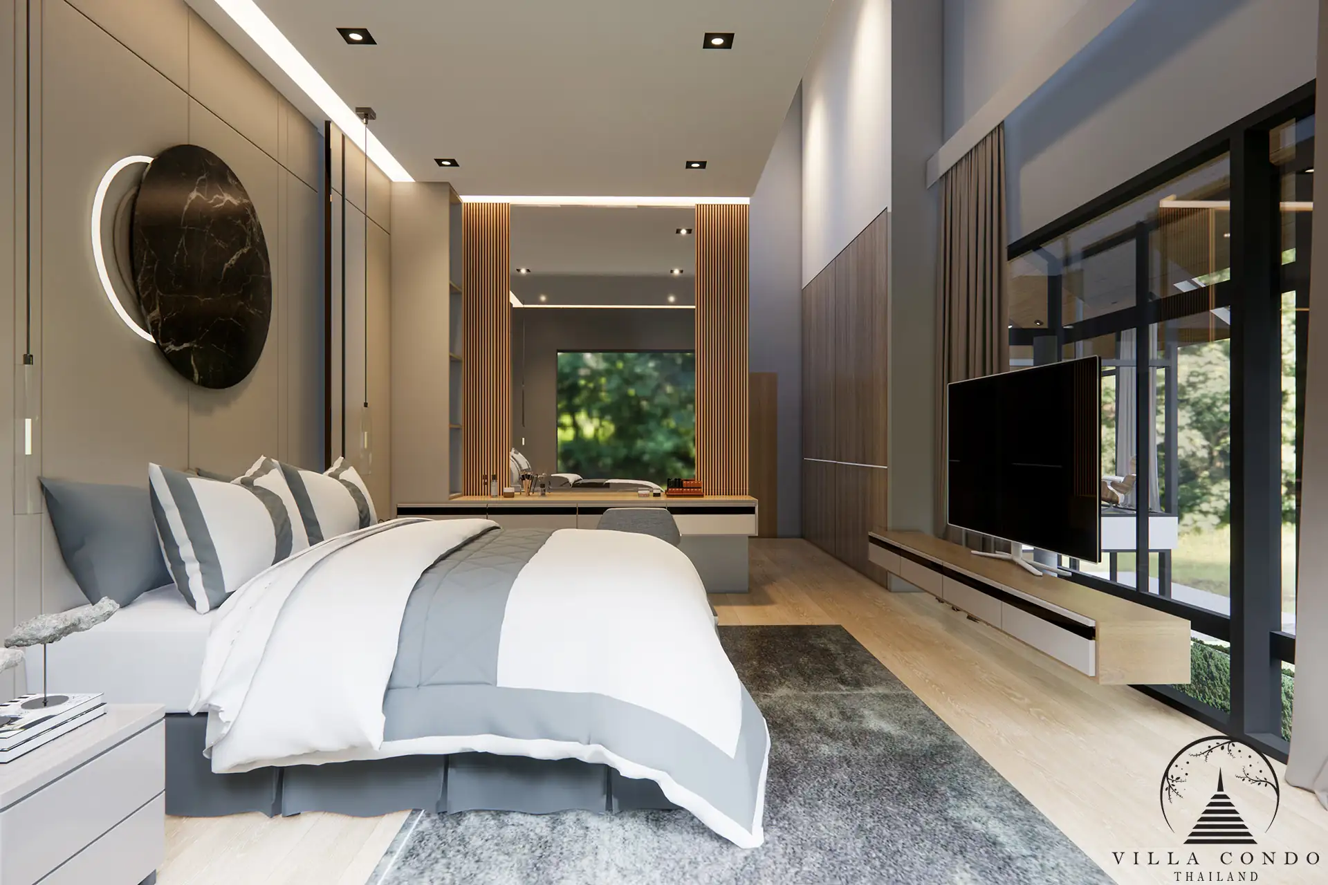 Rainpalm Villas Master Bedroom Spacious master bedroom with luxurious decor and garden view.