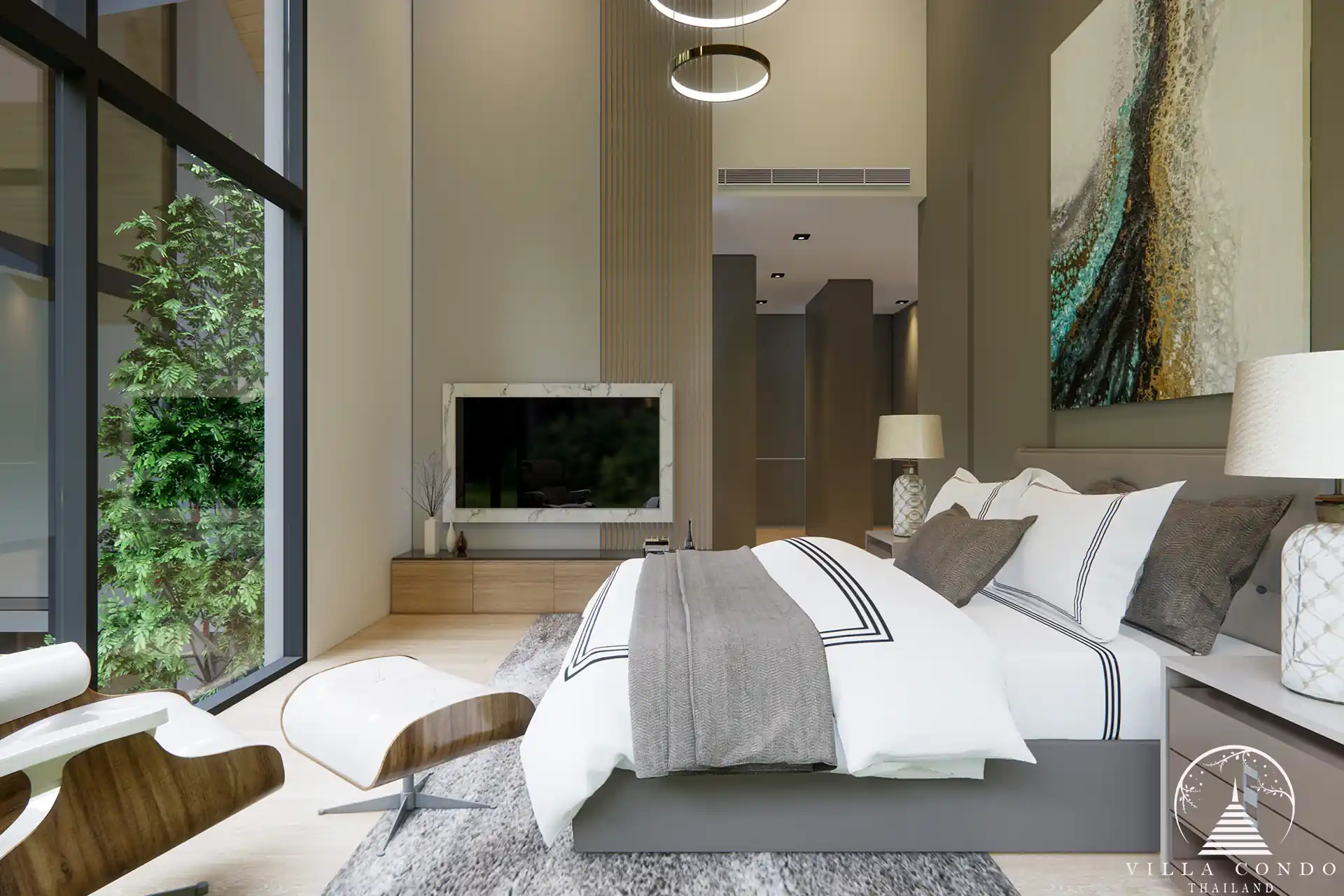 Rainpalm Villas Bedroom Luxurious bedroom with large windows and garden view.