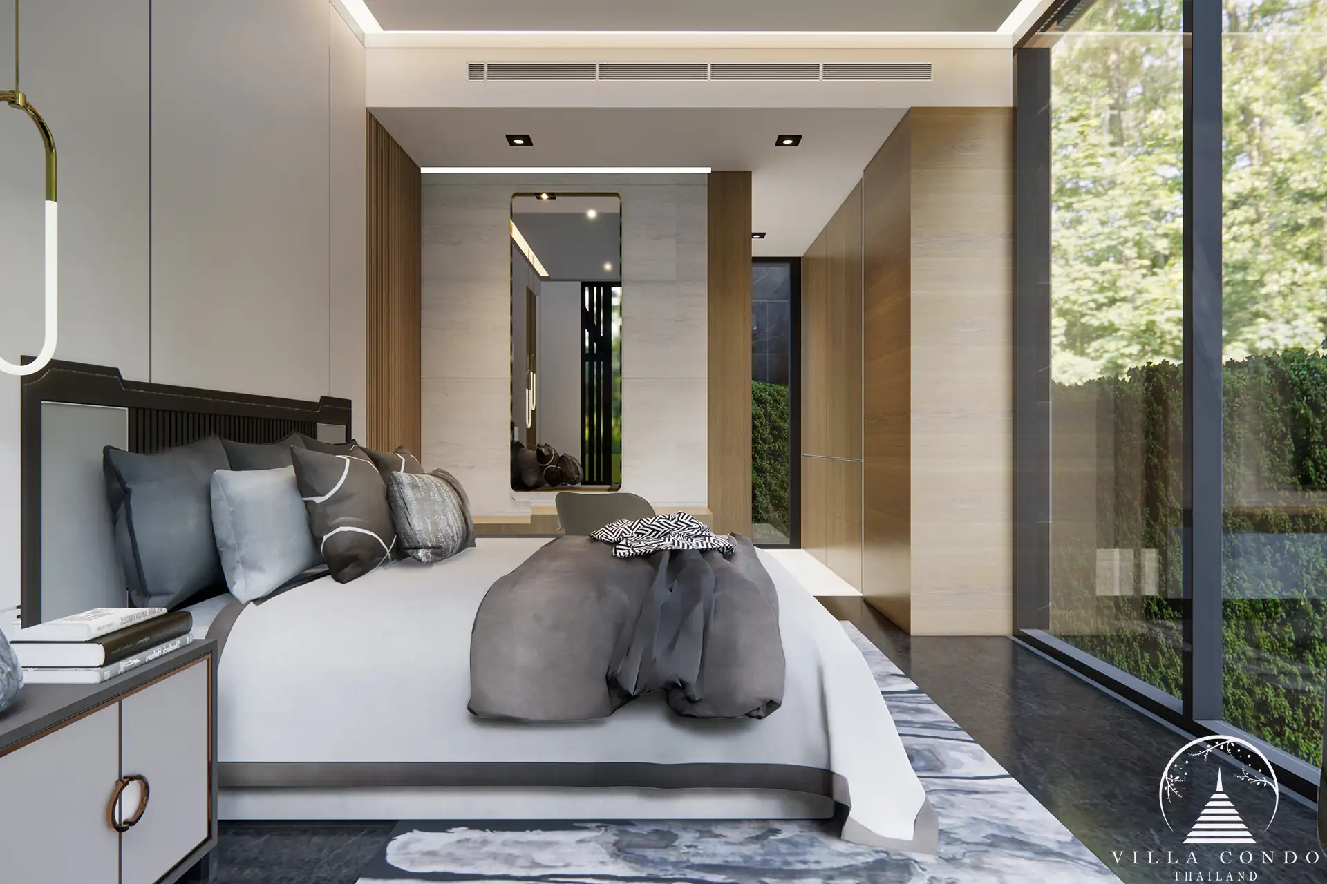 Rainpalm Villas Bedroom Luxurious bedroom with large windows and garden view.