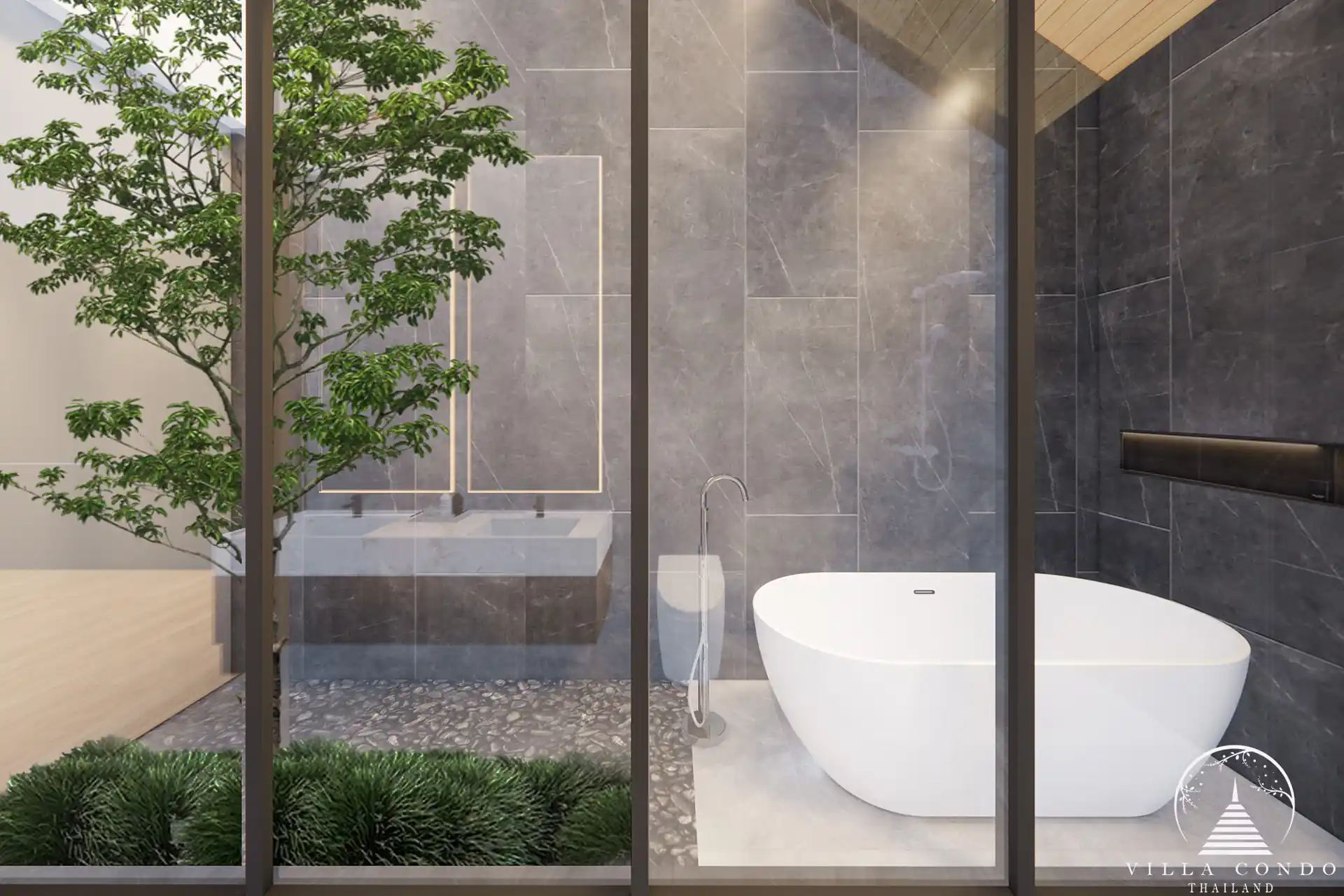 Rainpalm Villas Master Bathroom Elegant master bathroom with modern fixtures and ample natural light.