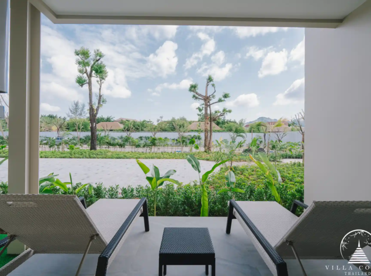 Beautifully landscaped outdoor area with seating.