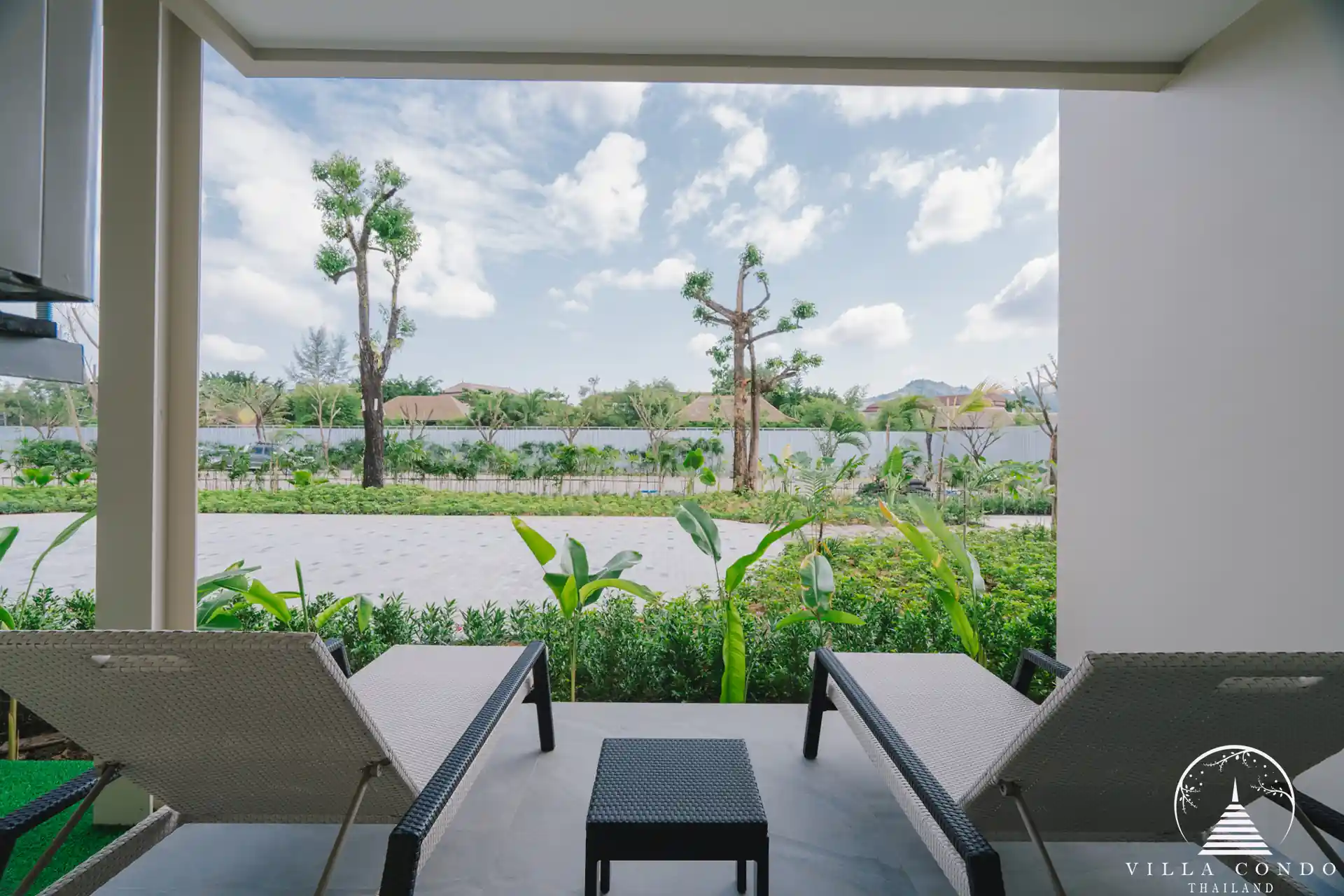 Beautifully landscaped outdoor area with seating.