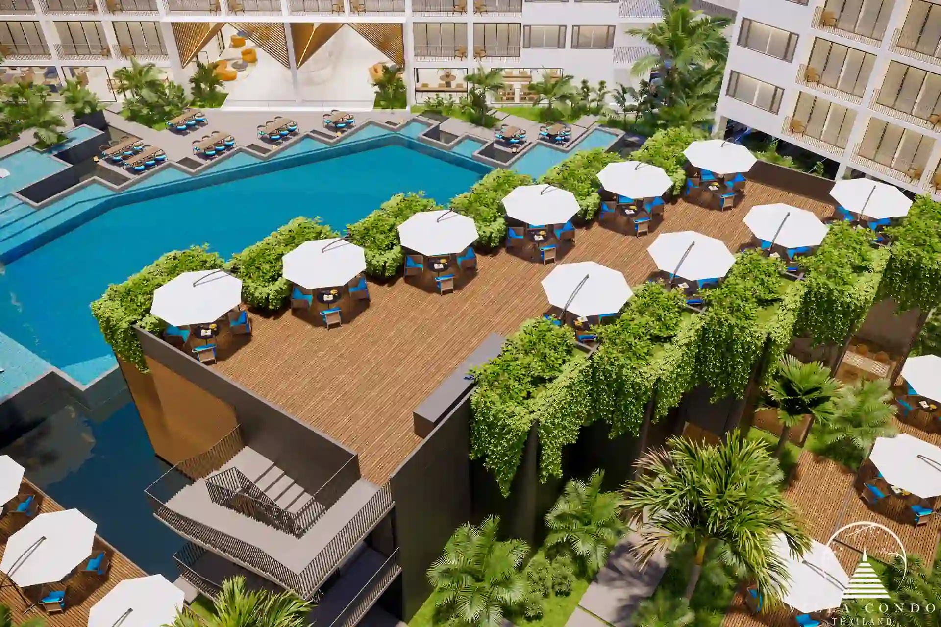 Beautiful outdoor area at Wyndham Fantasea Condo Chalong, featuring landscaped gardens and seating areas.