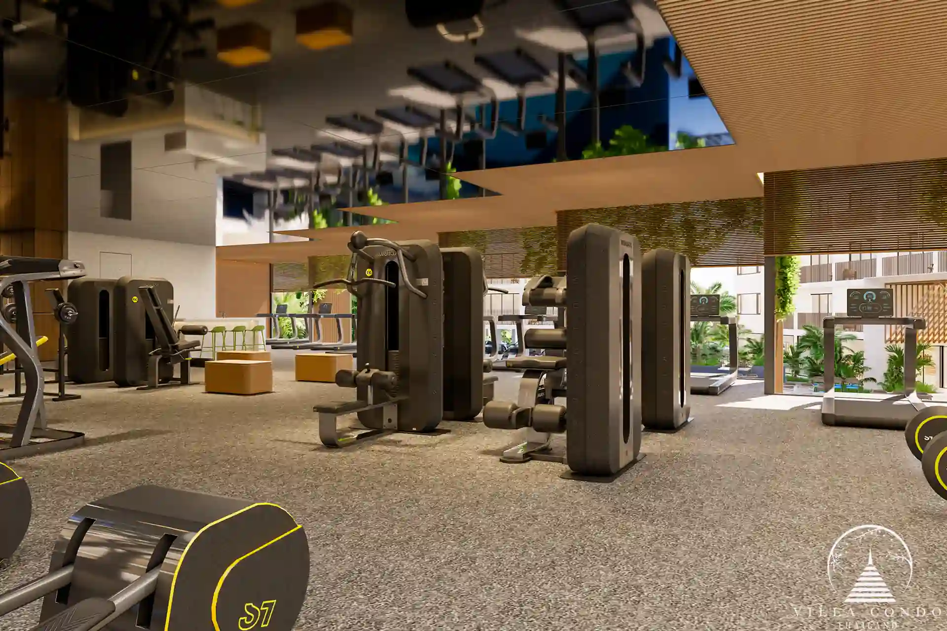 Fully equipped fitness area at Wyndham Fantasea Condo Chalong, featuring modern exercise equipment.