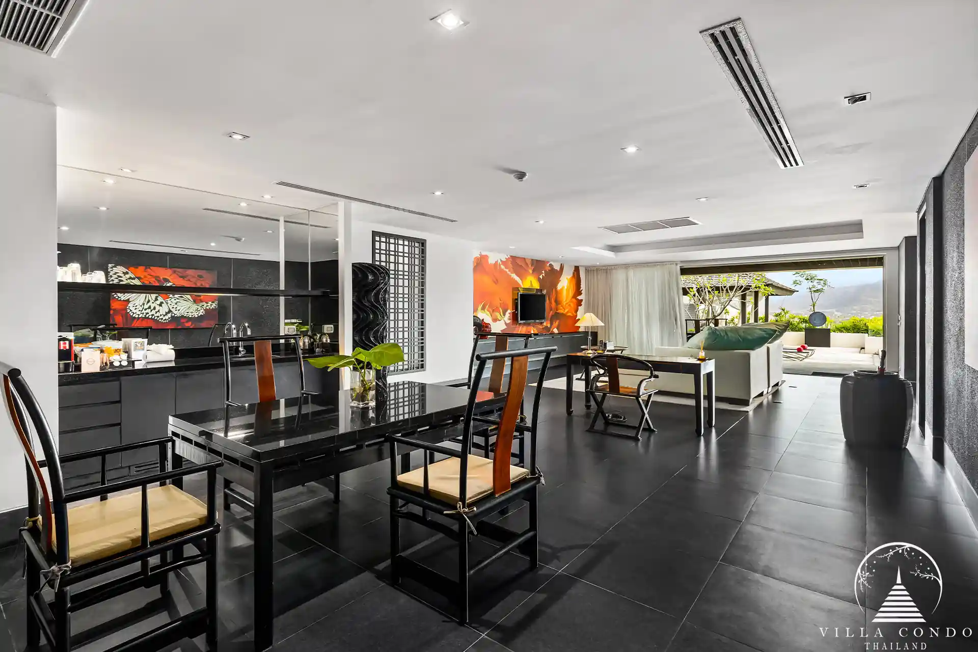 Elegant dining area at Spa Pool Penthouse Layan Hills with panoramic views
