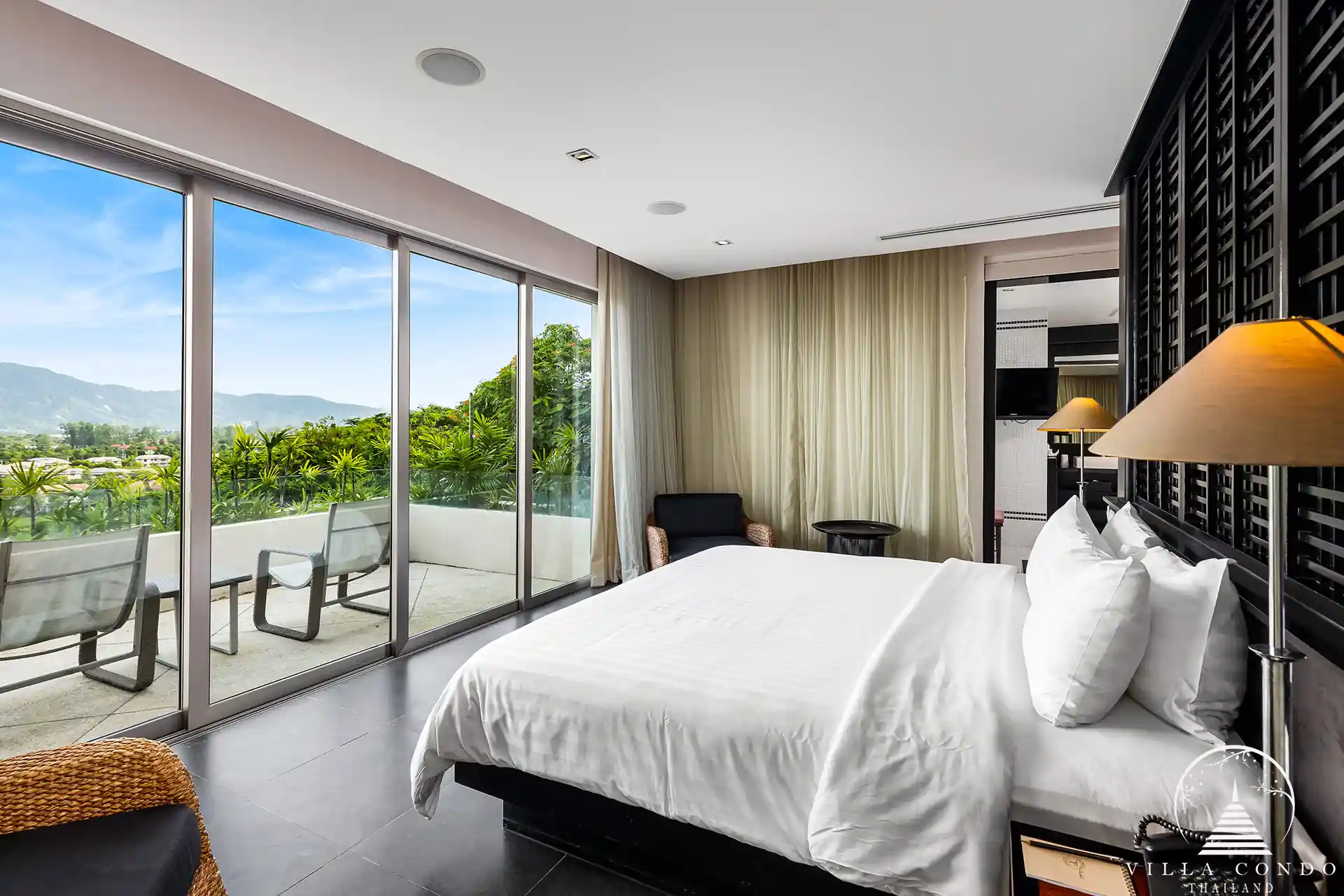 Elegant bedroom at Spa Pool Penthouse Layan Hills with mountain view