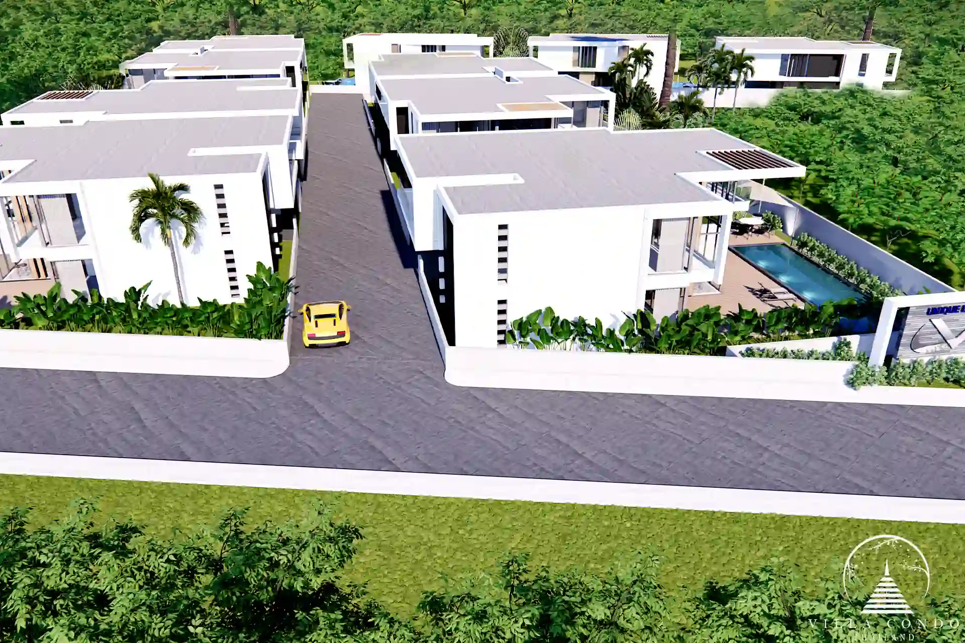 Bird's eye view of Unique Eco Viva Pool Villa with sustainable features.