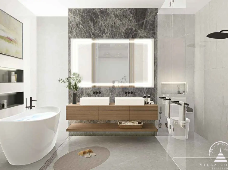 Elegant master bathroom with energy-efficient fixtures at Unique Eco Viva Pool Villa.