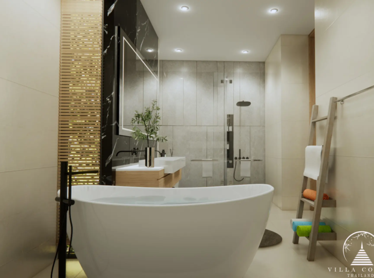 Elegant bathroom with sustainable design at Unique Eco Viva Pool Villa.