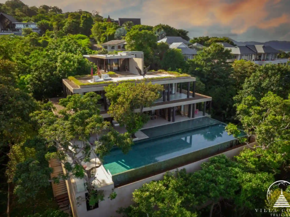 Front exterior view of Villa Amarisa, with elegant architectural design and landscaped gardens.