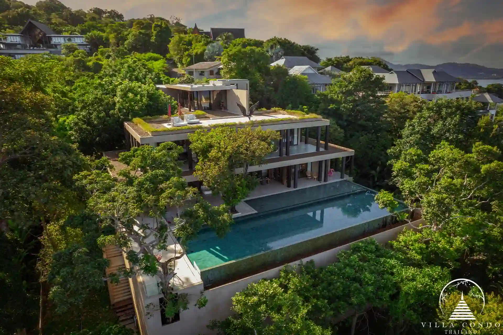 Front exterior view of Villa Amarisa, with elegant architectural design and landscaped gardens.