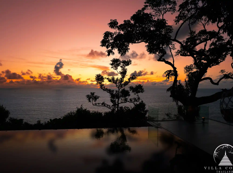Villa Amarisa's private infinity pool at sunset, with stunning views of the Andaman Sea.