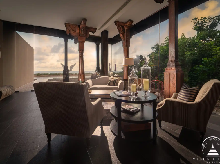 Semi reception area at Villa Amarisa with teak hardwood flooring and ornate decorations.