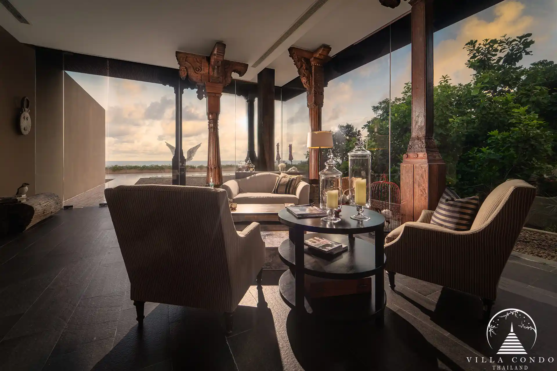 Semi reception area at Villa Amarisa with teak hardwood flooring and ornate decorations.