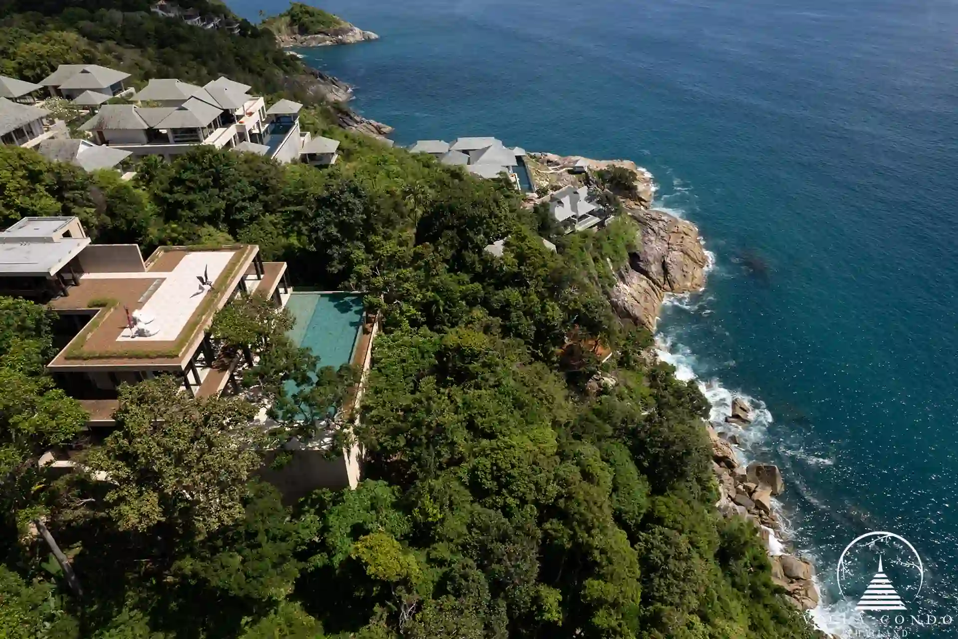 Exterior view of Villa Amarisa perched on a cliff, overlooking the Andaman Sea.