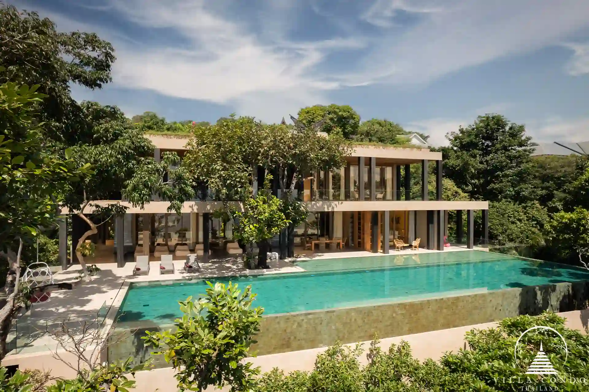 Tropical landscaped garden at Villa Amarisa with frangipani trees and exotic palms.