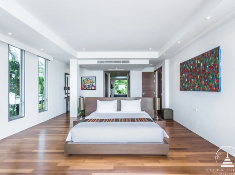 Elegant bedroom at Villa Bauhinia with sea view