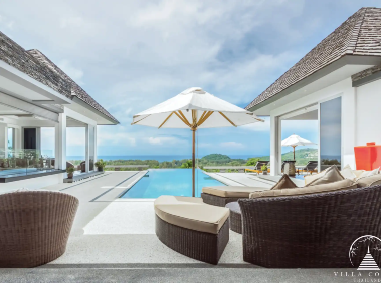 Outdoor area at Villa Bauhinia with lush gardens and sea view