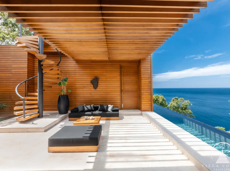 Outdoor lounge area at Villa Mayavee with panoramic views