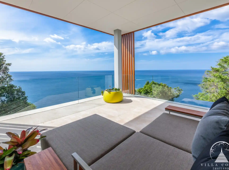 Spacious balcony at Villa Mayavee with stunning ocean views