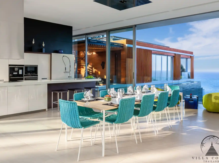 Elegant dining area in Villa Mayavee with ocean view