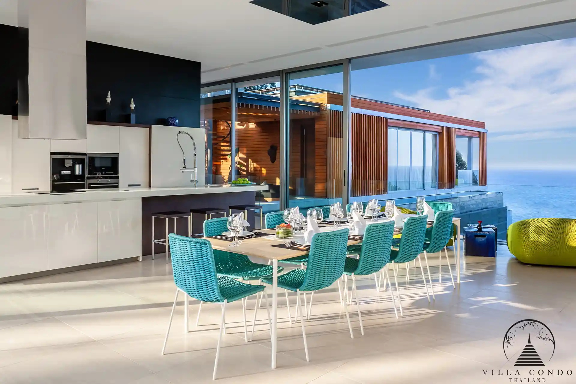 Elegant dining area in Villa Mayavee with ocean view