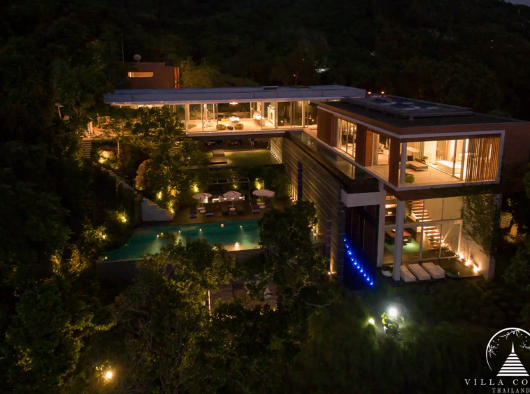 Exterior night view of Villa Mayavee illuminated