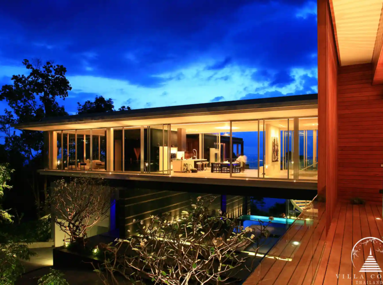Exterior night view of Villa Mayavee illuminated