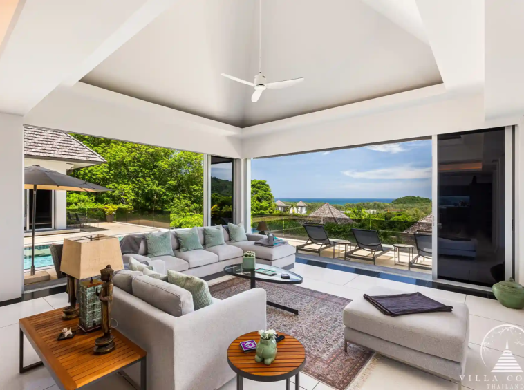 Spacious living area in Villa Nova at Layan Hillside with panoramic views and luxurious furnishings.