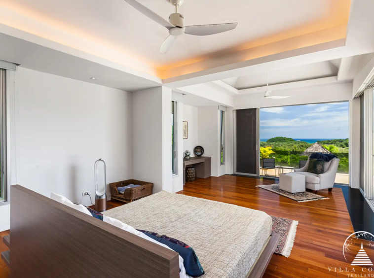 Luxurious master bedroom at Villa Nova at Layan Hillside with panoramic sea views.