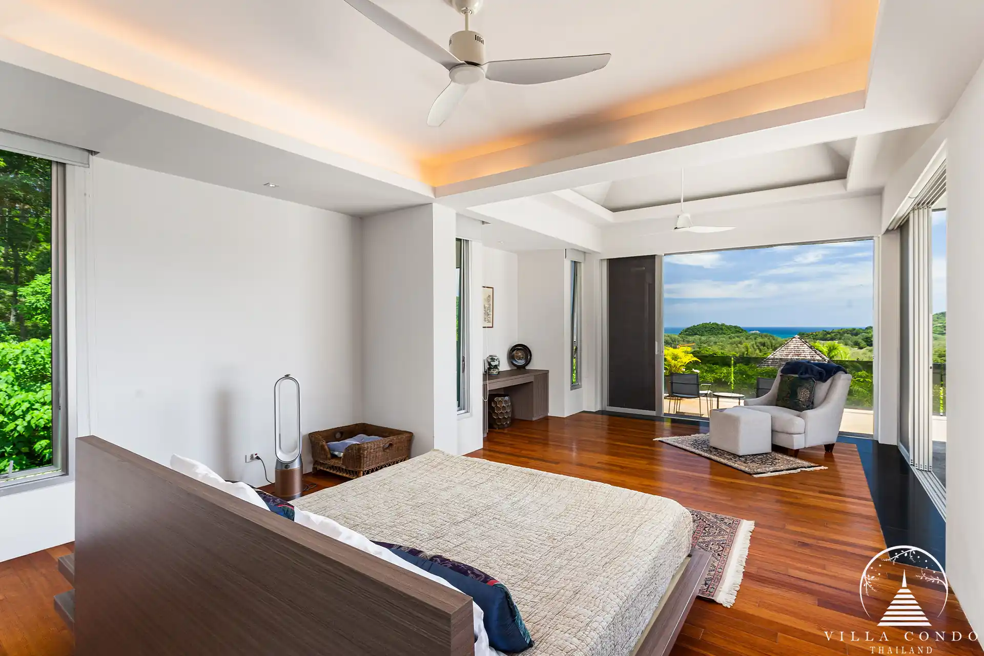 Luxurious master bedroom at Villa Nova at Layan Hillside with panoramic sea views.