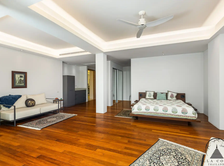 Luxurious master bedroom at Villa Nova at Layan Hillside with panoramic sea views.