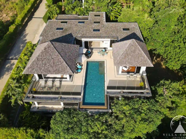 Exterior of Villa Nova at Layan Hillside with modern Asian architecture and panoramic ocean views.