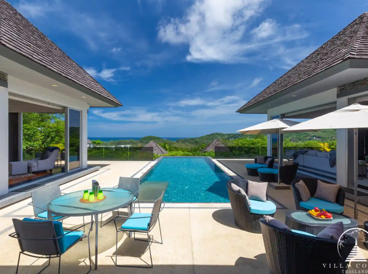 Expansive outdoor terrace at Villa Nova at Layan Hillside with panoramic sea views.
